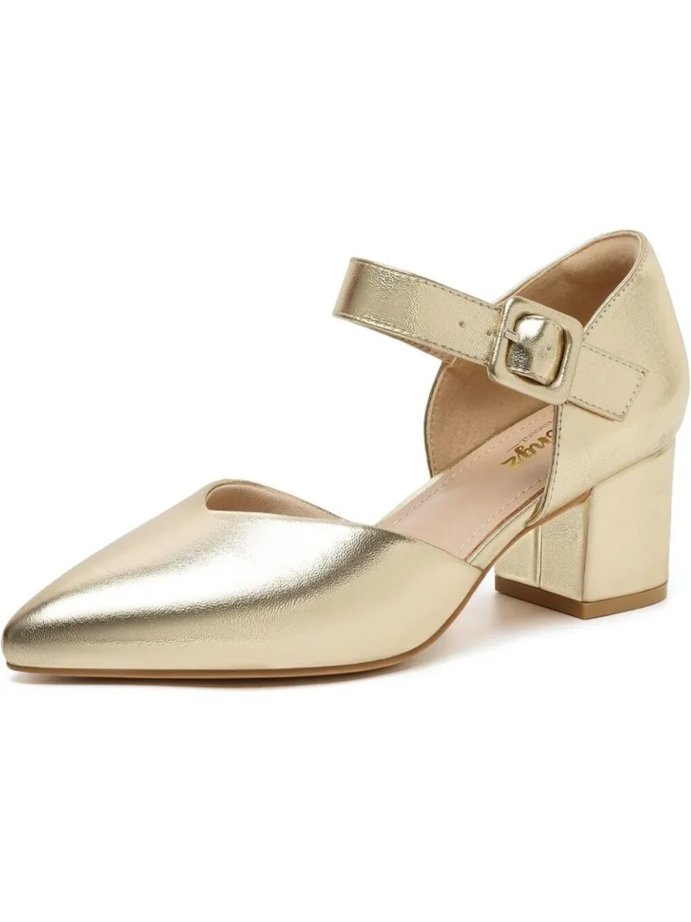 Women's Gold Pu Kitten Heel Pointed Closed Ankle Strap Buckle Slip On Shoes